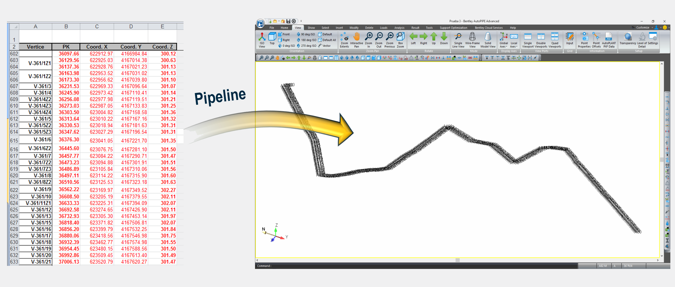 AutoPIPE automatic import pipeline from Excel Vertex file